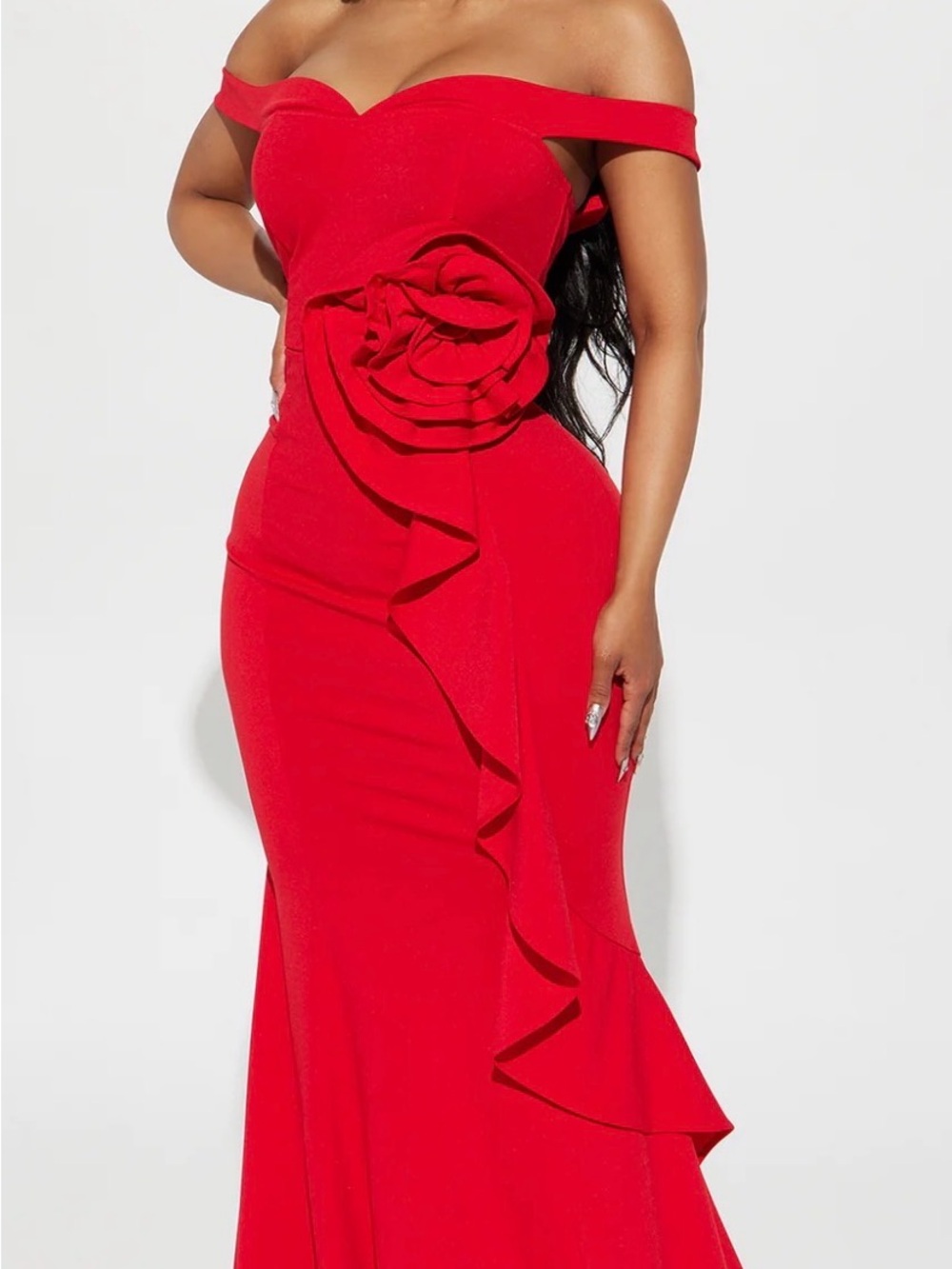 NWT- Fashion Nova- Sitting Pretty Off-Shoulder Red Floral Ruffle Evening Dress